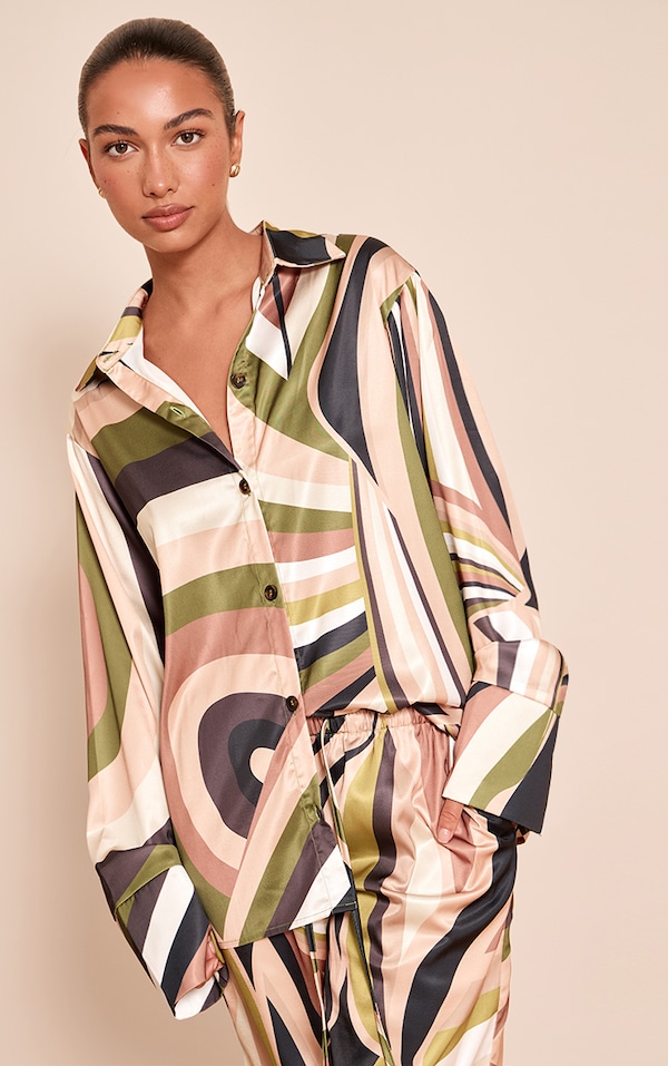  Green Abstract Print Oversized Deep Cuff Shirt