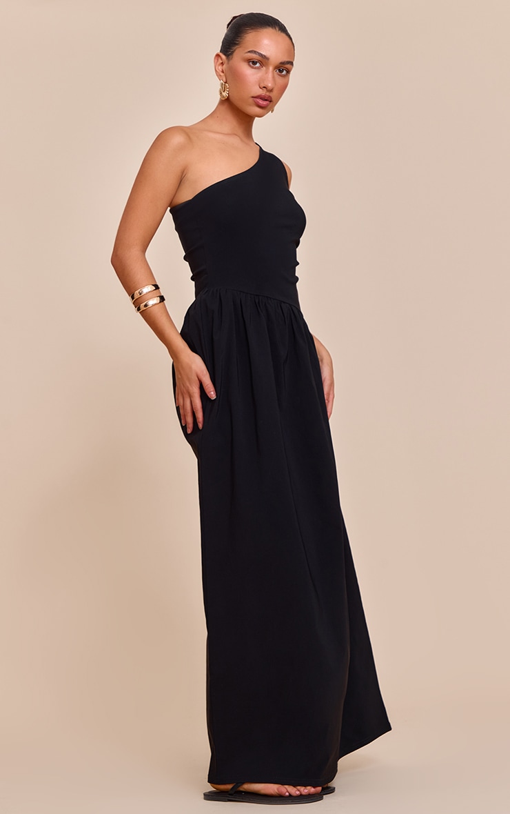 Black Stretch Woven One Shoulder Maxi Dress image 3
