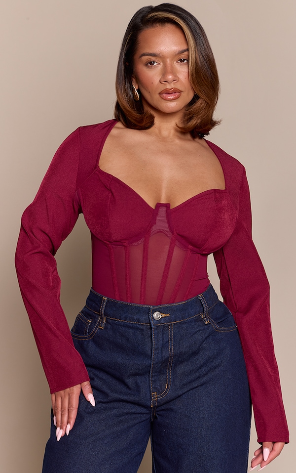 Shape burgundy Mesh Long Sleeve Corset Bodysuit