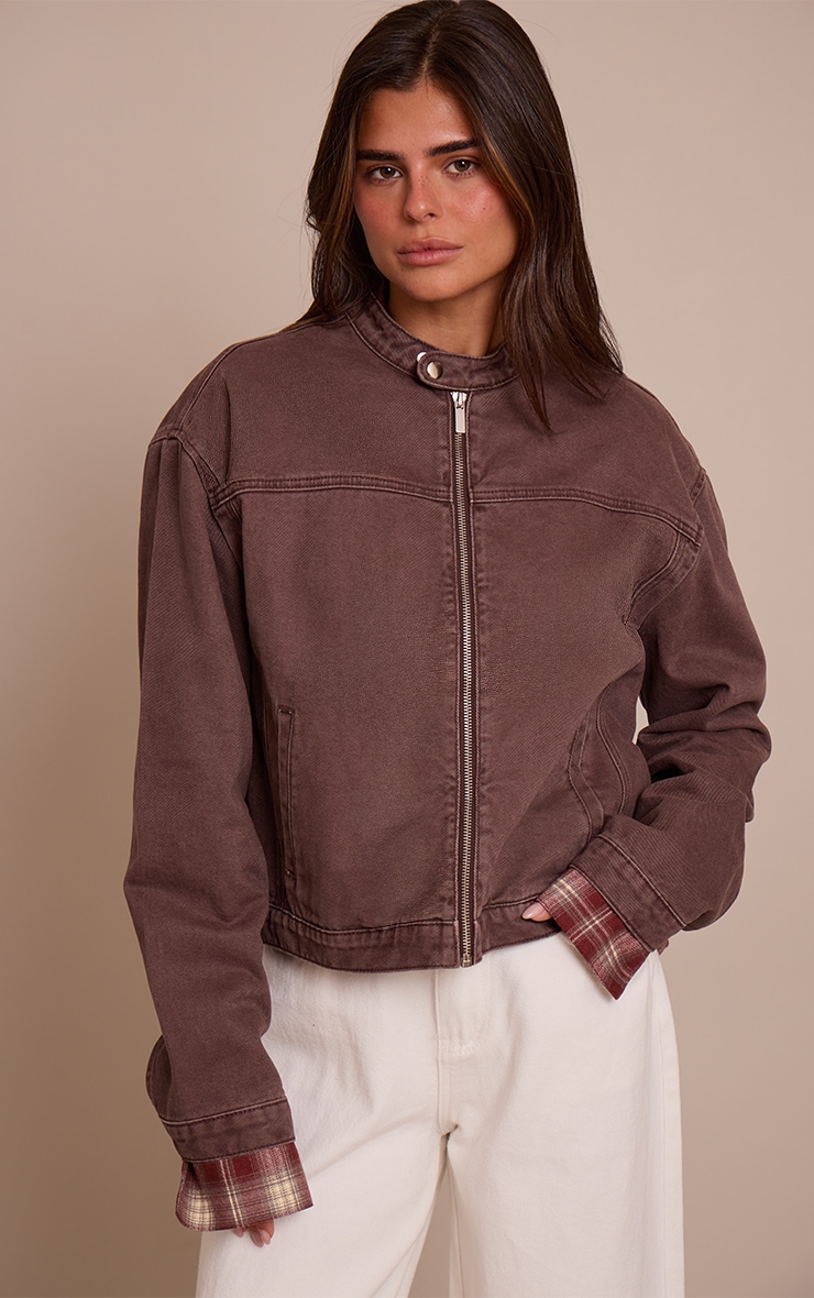 Chocolate Plum Boxy Denim Racer Jacket image 1