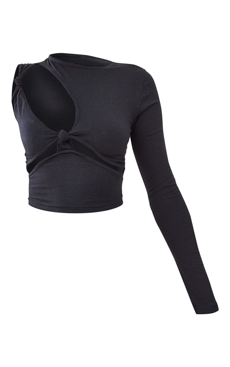 Black Jersey Knot Front One Shoulder Crop Top image 5