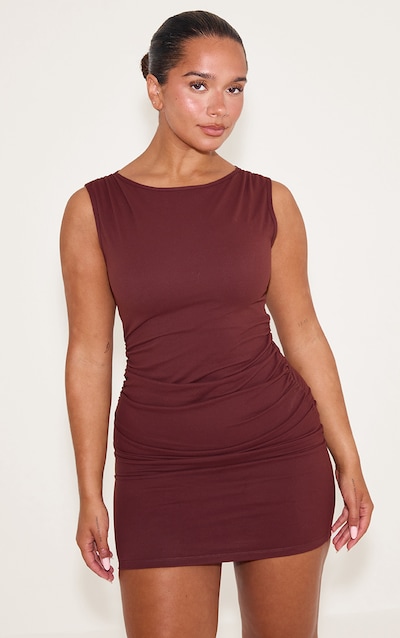 Shape Chocolate Built In Bra Sculpt Boat Neck Ruched Side Mini Dress