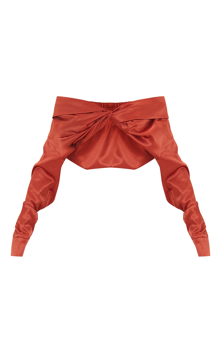 Brown Satin Bardot Twist Front Crop Blouse image 5