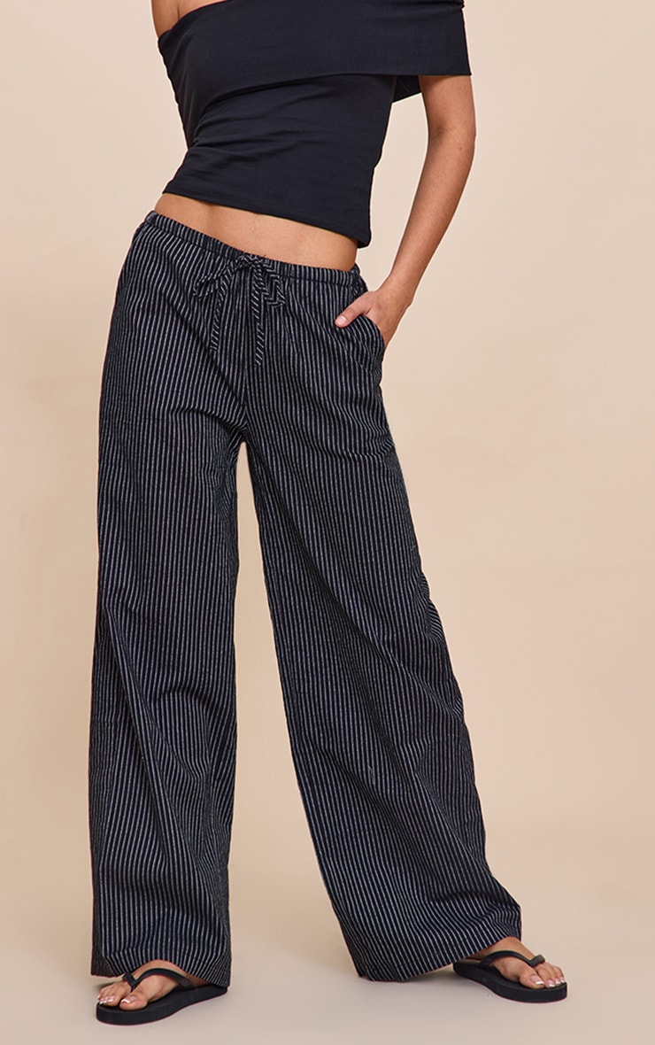 Navy Stripe Cotton Drawstring Mid Rise Pants image 2