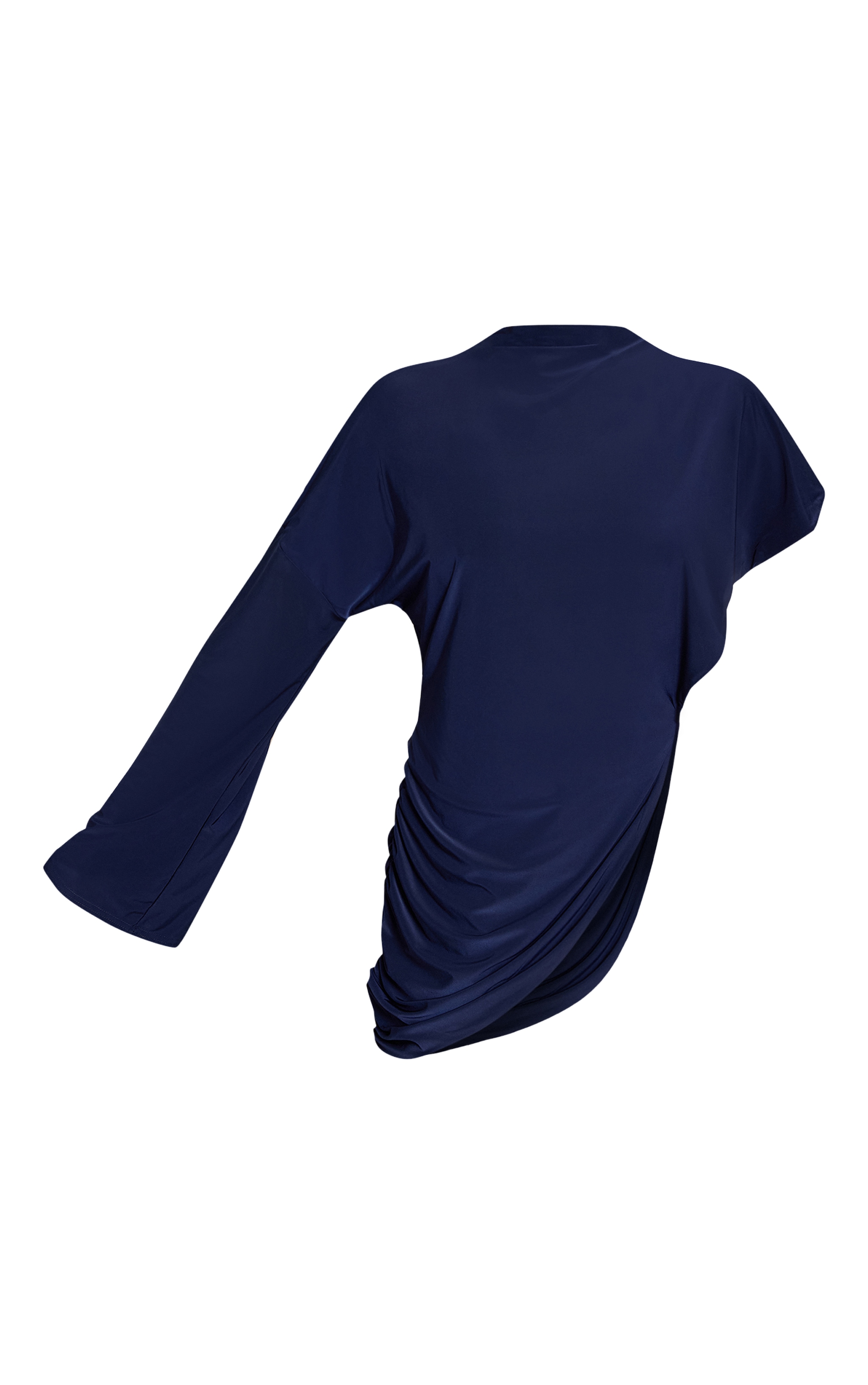 Navy Double Layer Slinky Oversized Drape Detail Long Sleeve Top image 5