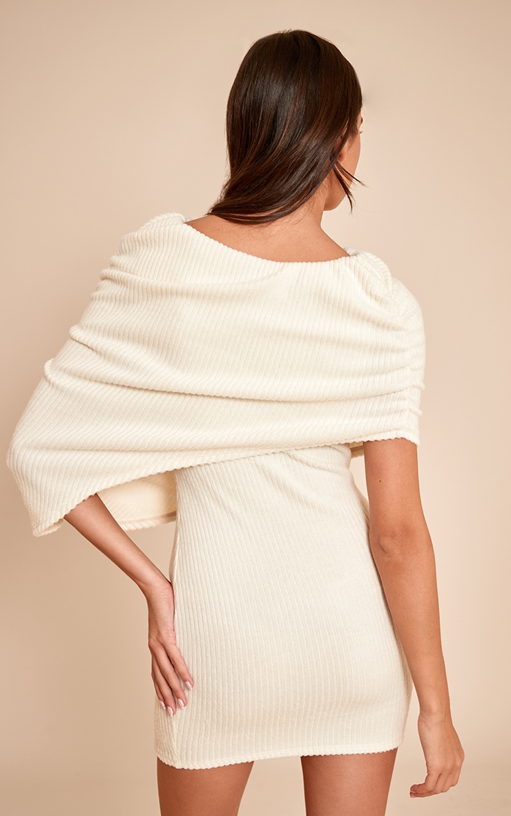 Cream Brushed Rib Overlay Detail Bodycon Dress image 2