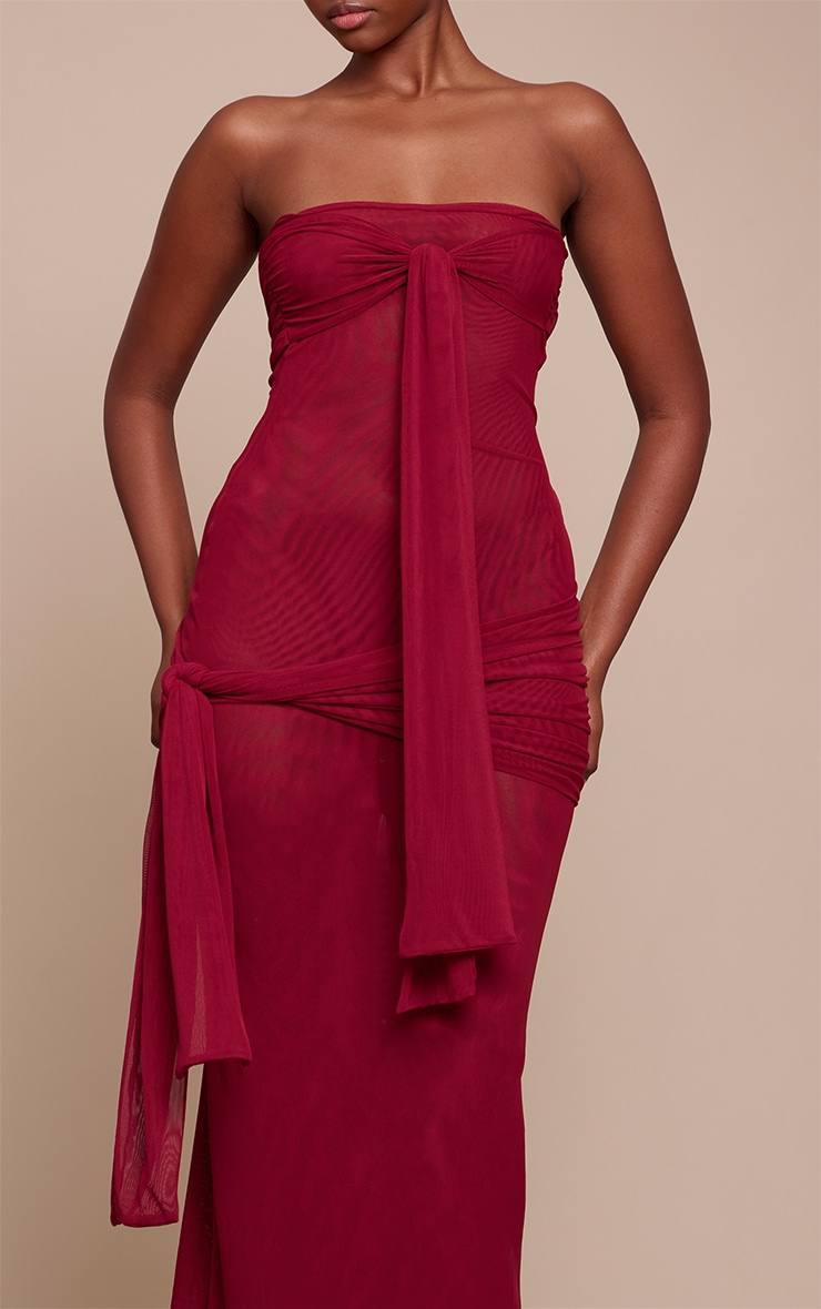 Burgundy Mesh Bandeau Knot Detail Maxi Dress image 4