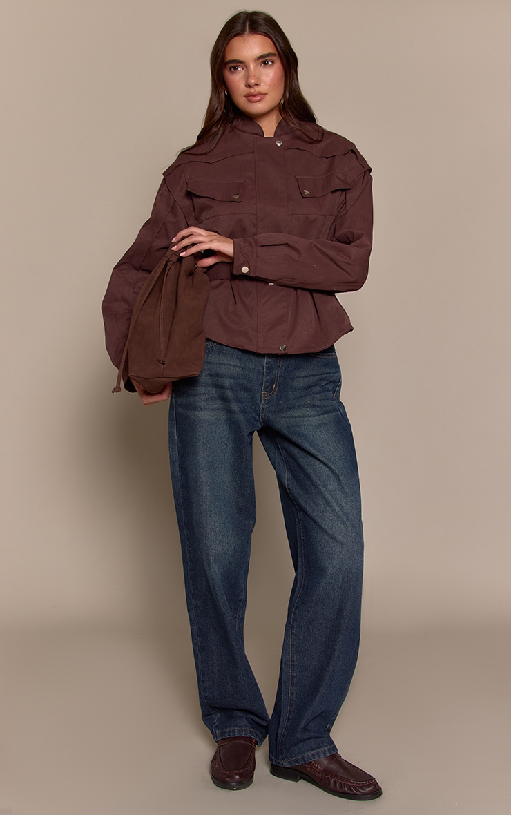Chocolate Plum Pocket Seam Detail Belted Utility Jacket  image 3