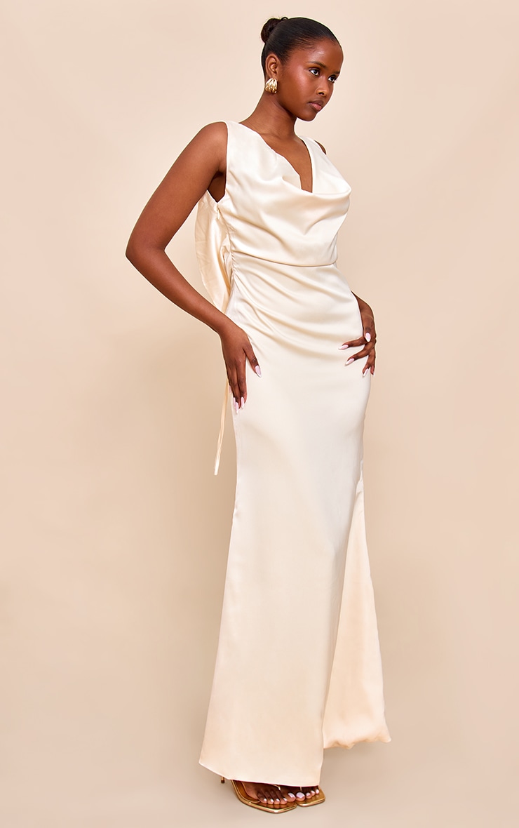 Lemon Bridesmaid Satin Cowl Neck Maxi Dress image 3