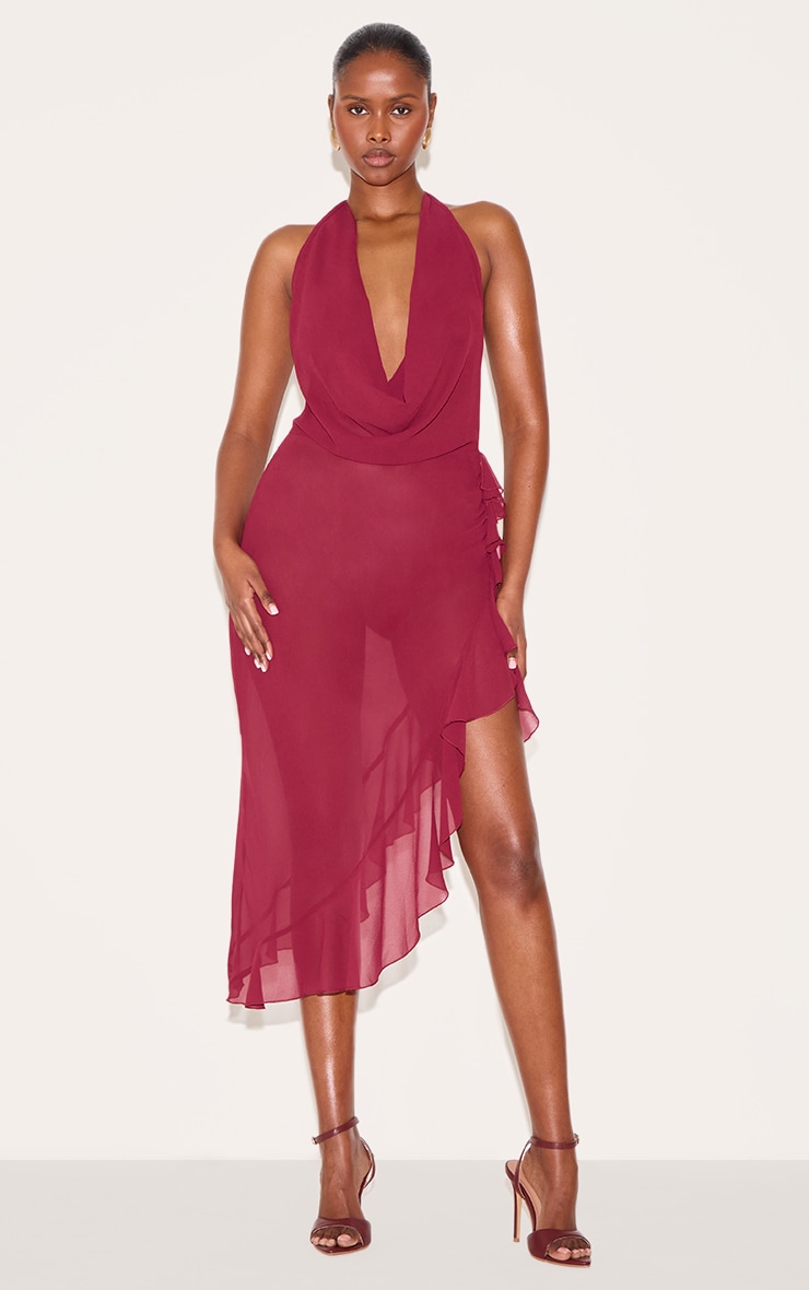 Wine Cowl Ruffle Split Detail Midi Dress | Dresses