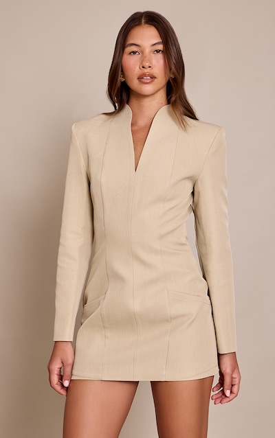 Cream Woven Collarless Long Sleeve Blazer Dress