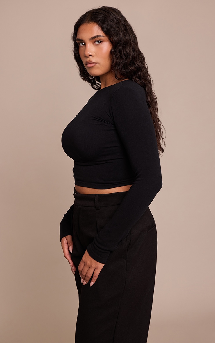 Shape Black Boat Neck Long Sleeve Seamless Top image 4