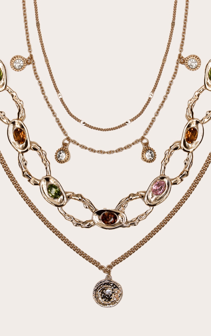 Collier superposé texturé doré à pierres colorées image 2