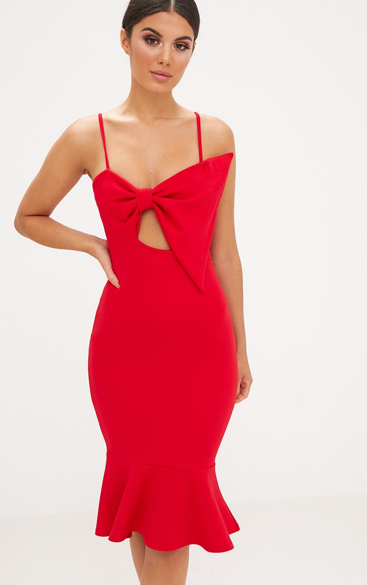 red fishtail midi dress