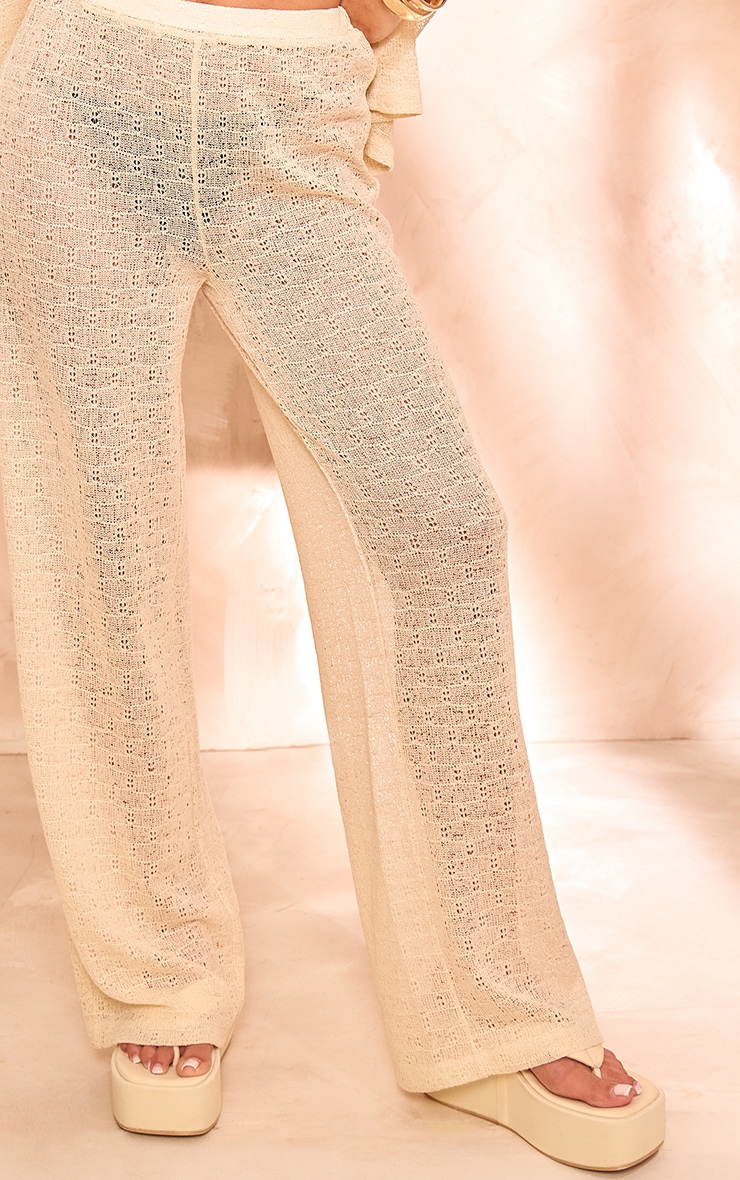 Beige Textured Wide Leg Trousers image 4