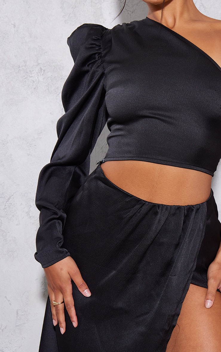 Black Textured Satin One Shoulder Puff Sleeve Top image 4