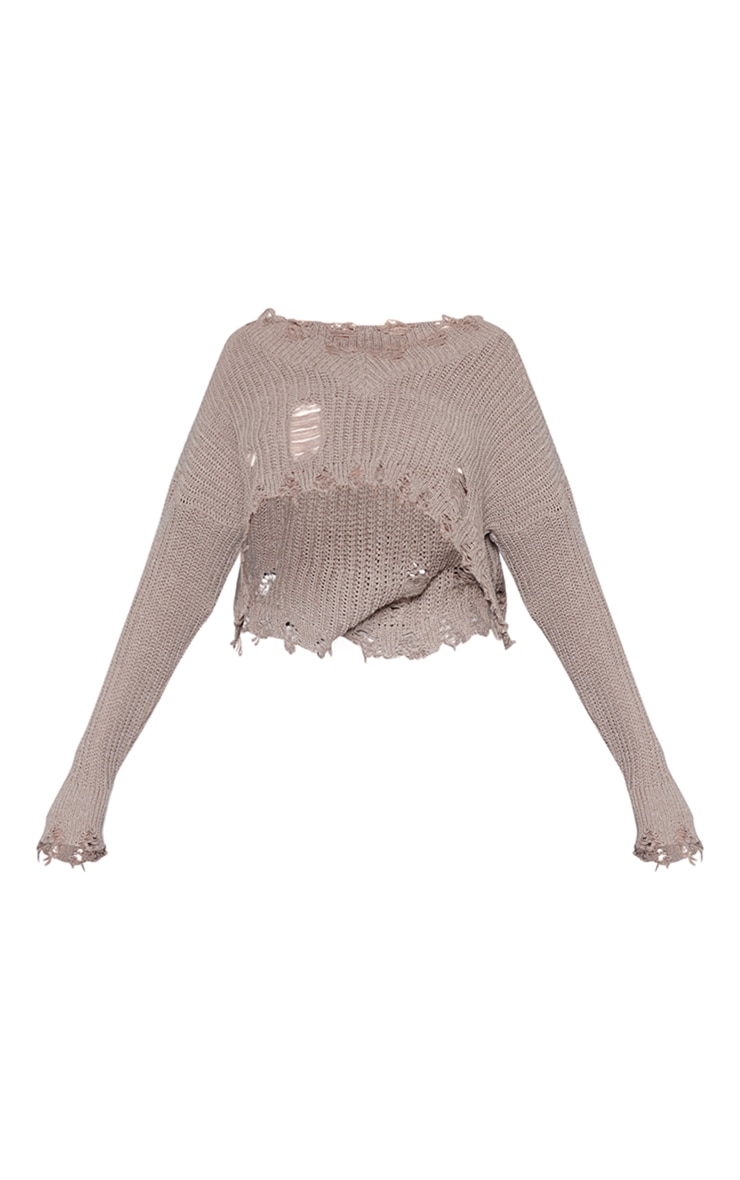 Mocha Extreme Distressed Knit Sweater image 5