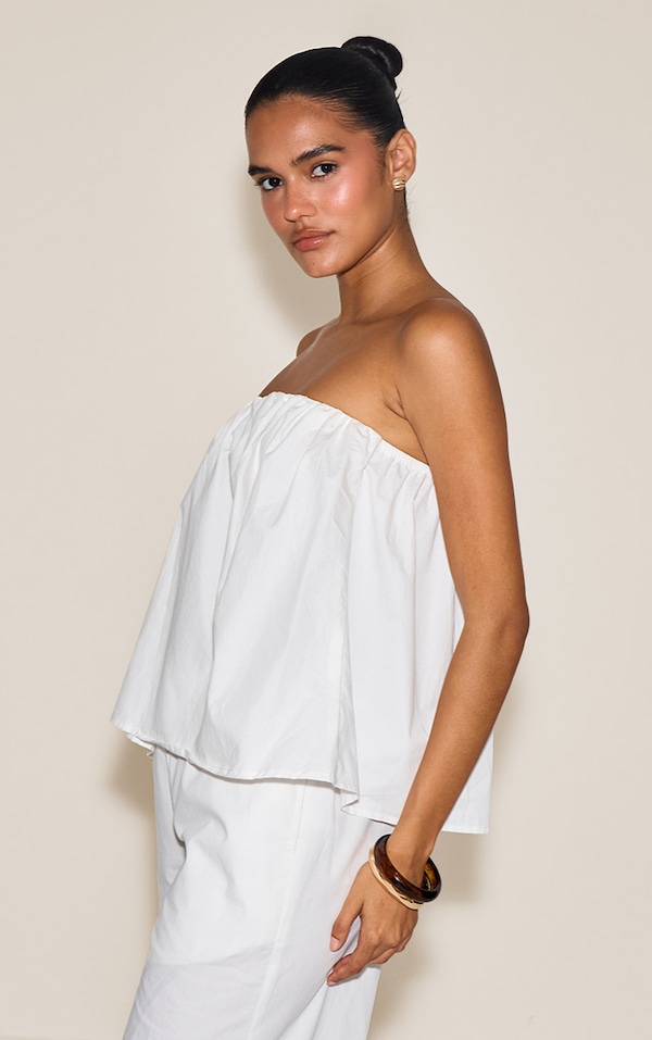  Cream Cotton Woven Ruched Floaty Bandeau Top