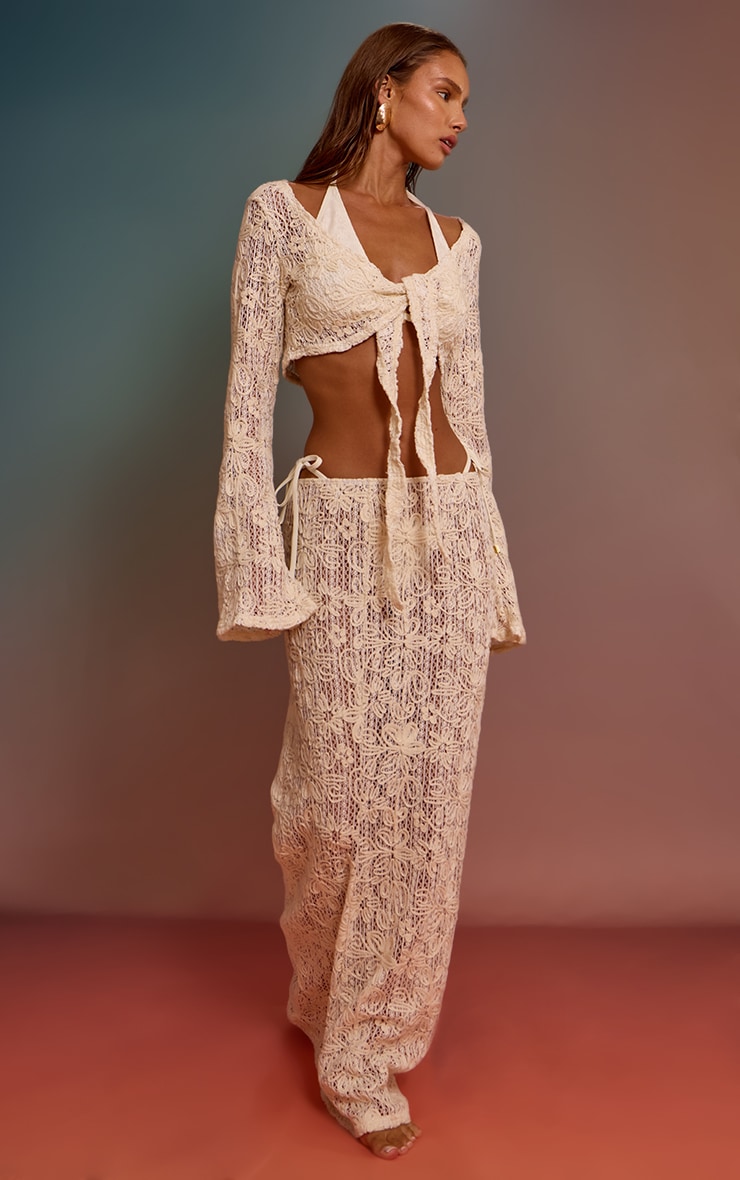 Cream Flower Embroidered Long Sleeve Tie Front Beach Top image 3