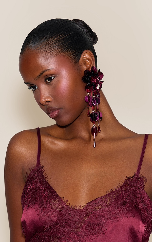 Fuchsia Flower Drop Sequin Statement Earrings