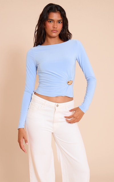 Blue Slinky Trim Detail Long Sleeve Crop Top