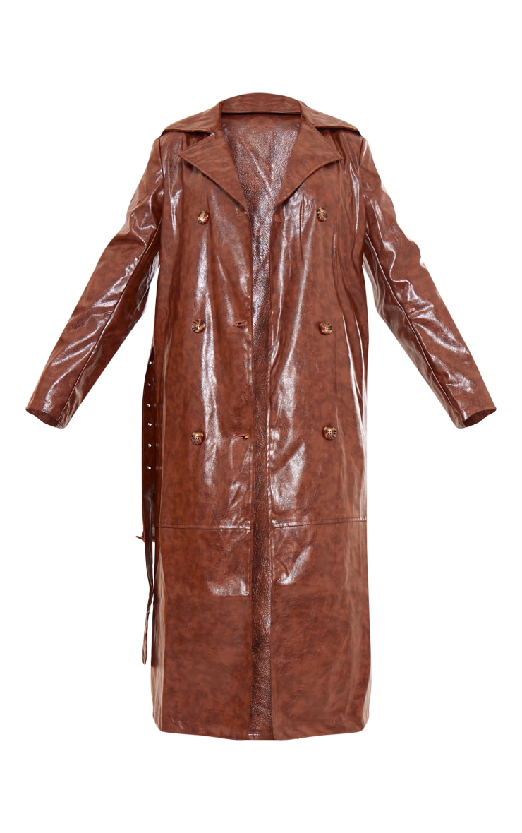 Brown Distressed Faux Leather Double Breasted Trench Coat image 5