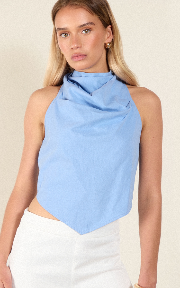 Sky Blue Cotton Look Halterneck Top image 4