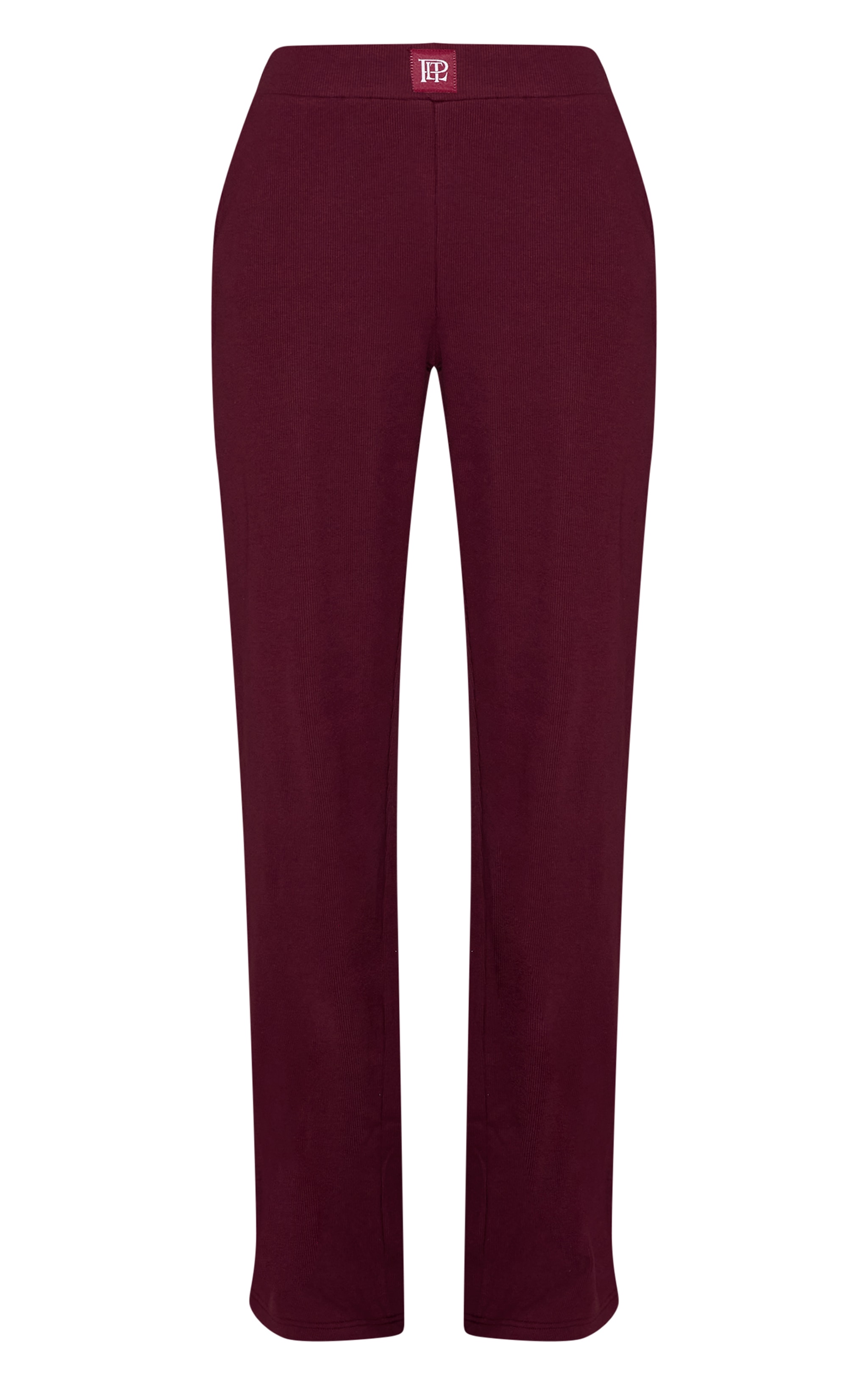 PrettyLittleThing Burgundy Sleep Rib Tonal Elastic Wide Leg Pants image 5