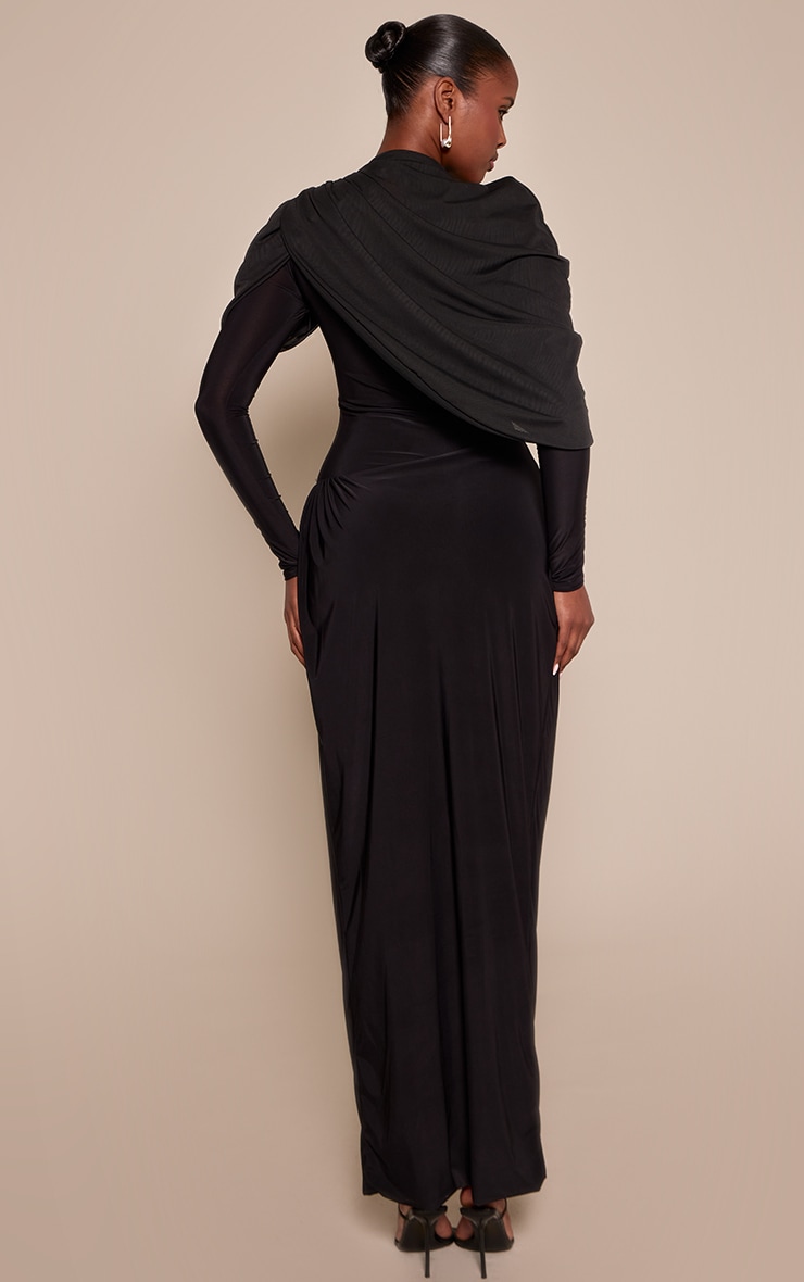 Black Overlay Detail Long Sleeve Maxi Dress image 2