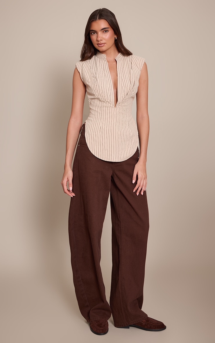 Cream Striped Shoulder Padded Fitted Sleeveless Shirt  image 3