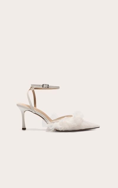 White Mesh Point Toe Ruffle Mid Heeled Courts