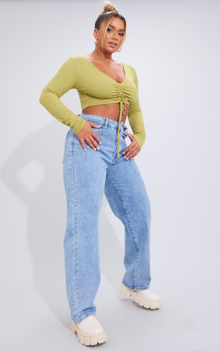 Shape Olive Ribbed Long Sleeve Ruched Front Crop Top image 3