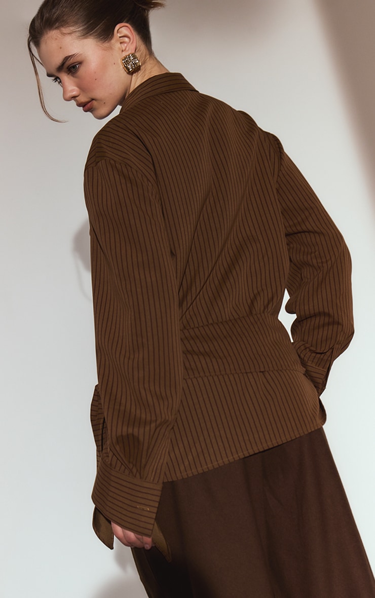 Brown Stripe Oversized Wrap Waist Shirt image 2