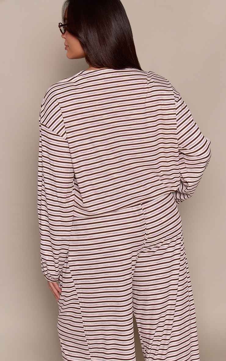 Plus Dark Brown Stripe Soft Rib Relaxed Button Up Top image 2