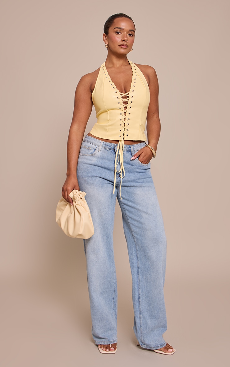 Shape BUTTER YELLOW Faux Leather Halter Neck Lace Up Corset image 3