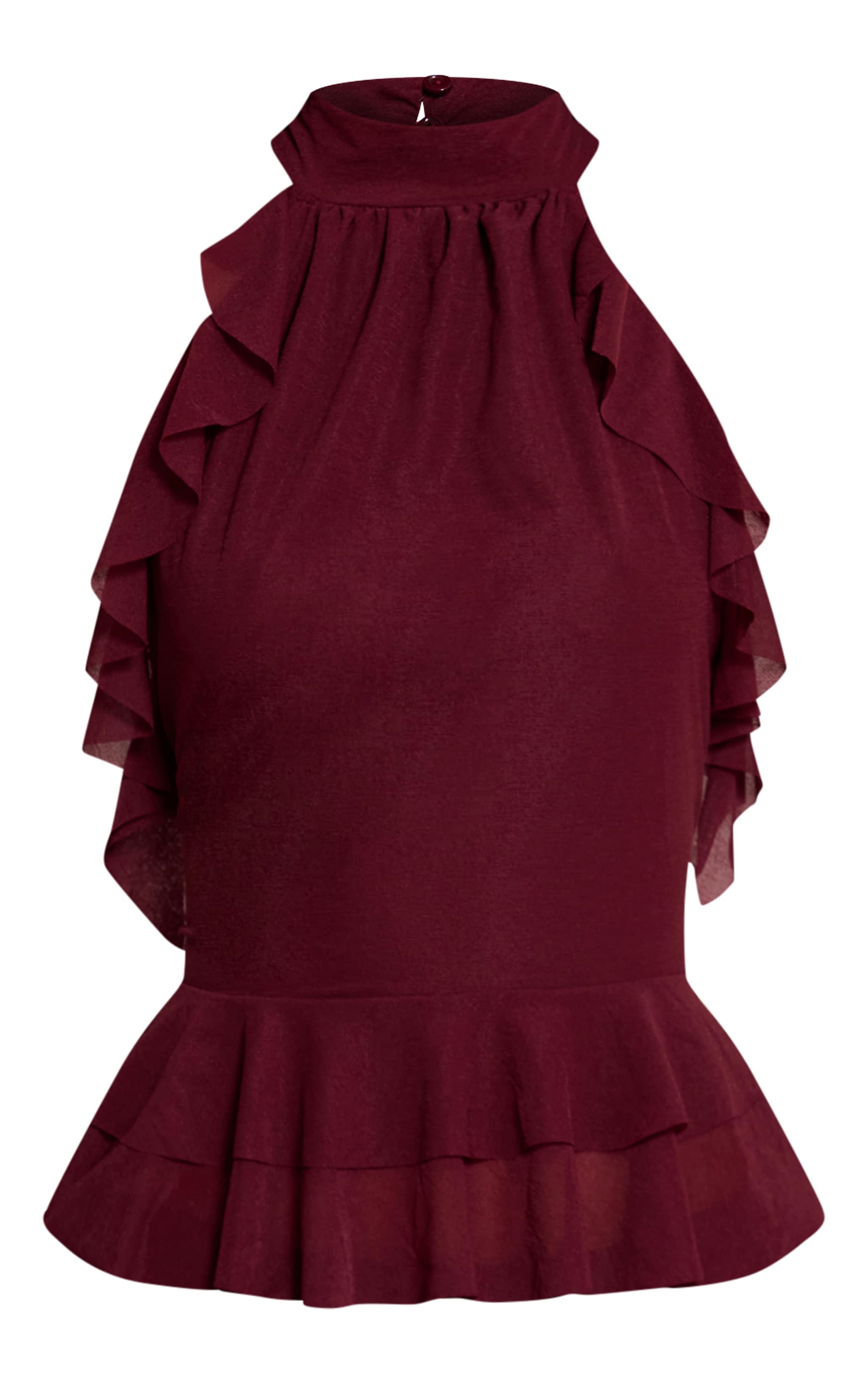 Wine Stretch Chiffon Frill Detail Highneck Top image 5