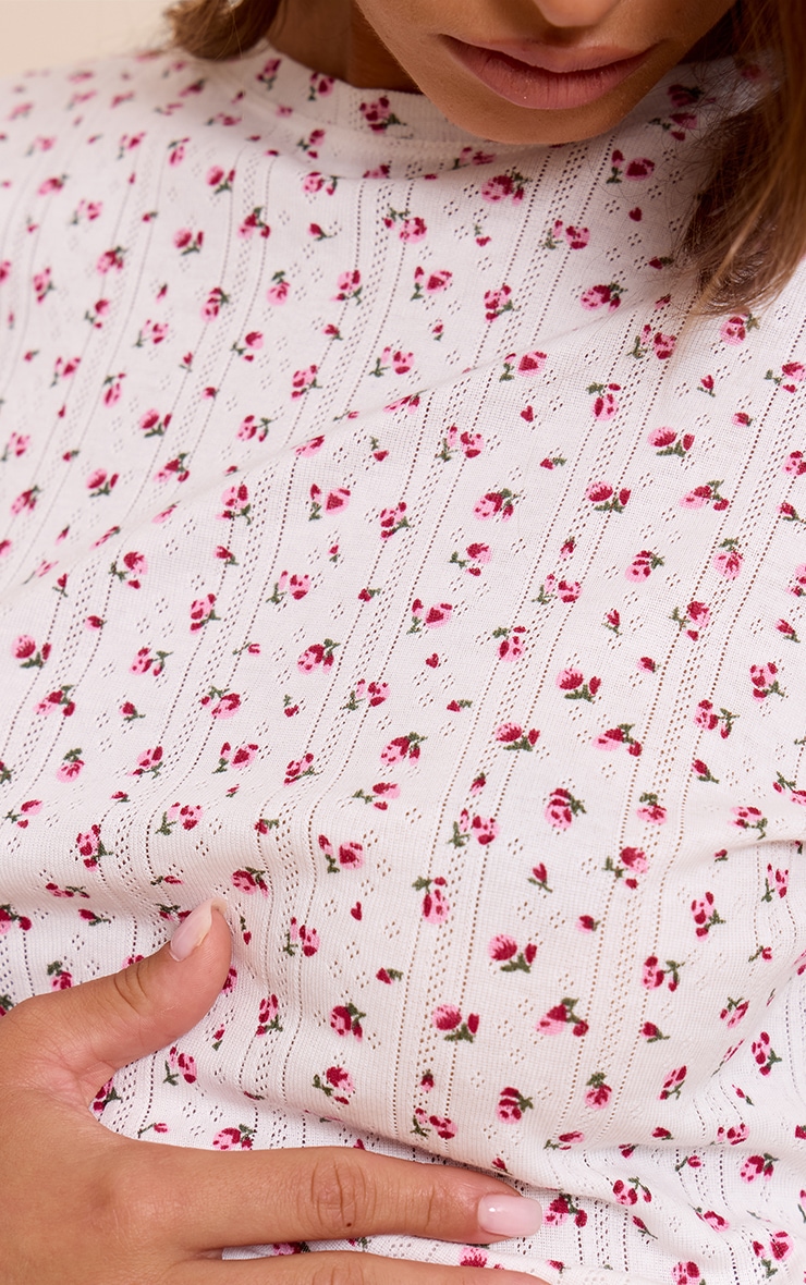 White Ditsy Pointelle Long Sleeve Pajama Top image 4