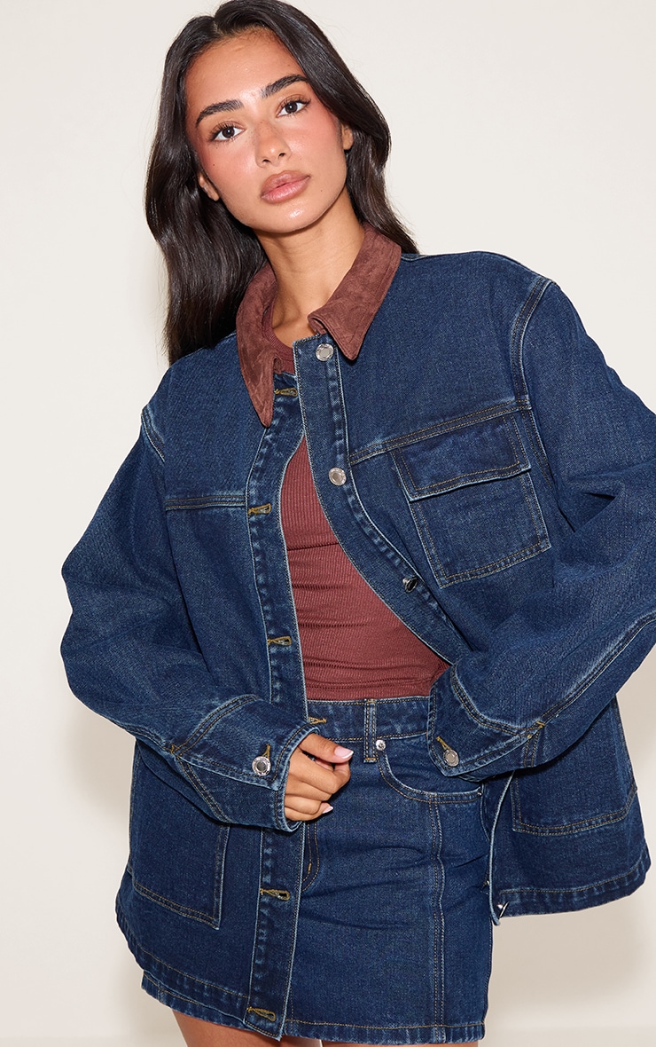 Petite Mid Blue Wash Contrast Collar Utility Denim Jacket image 4