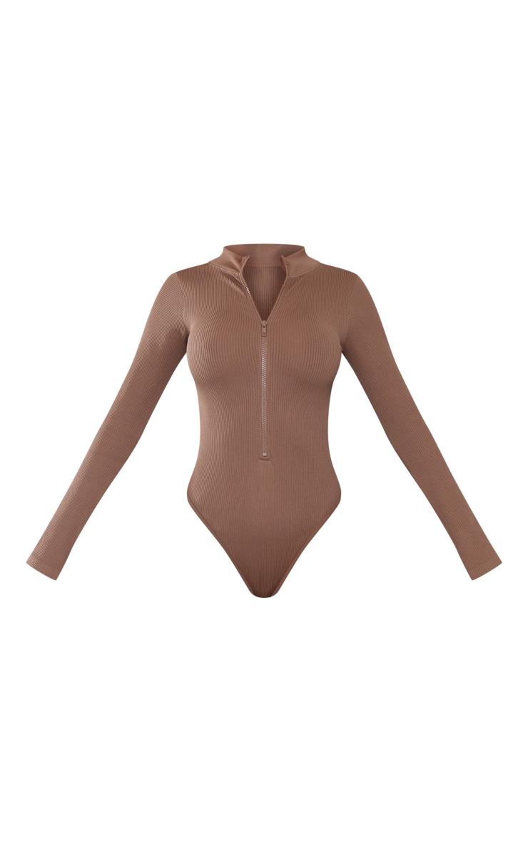 Brown Snatched Rib Zip Up Long Sleeve Bodysuit image 5