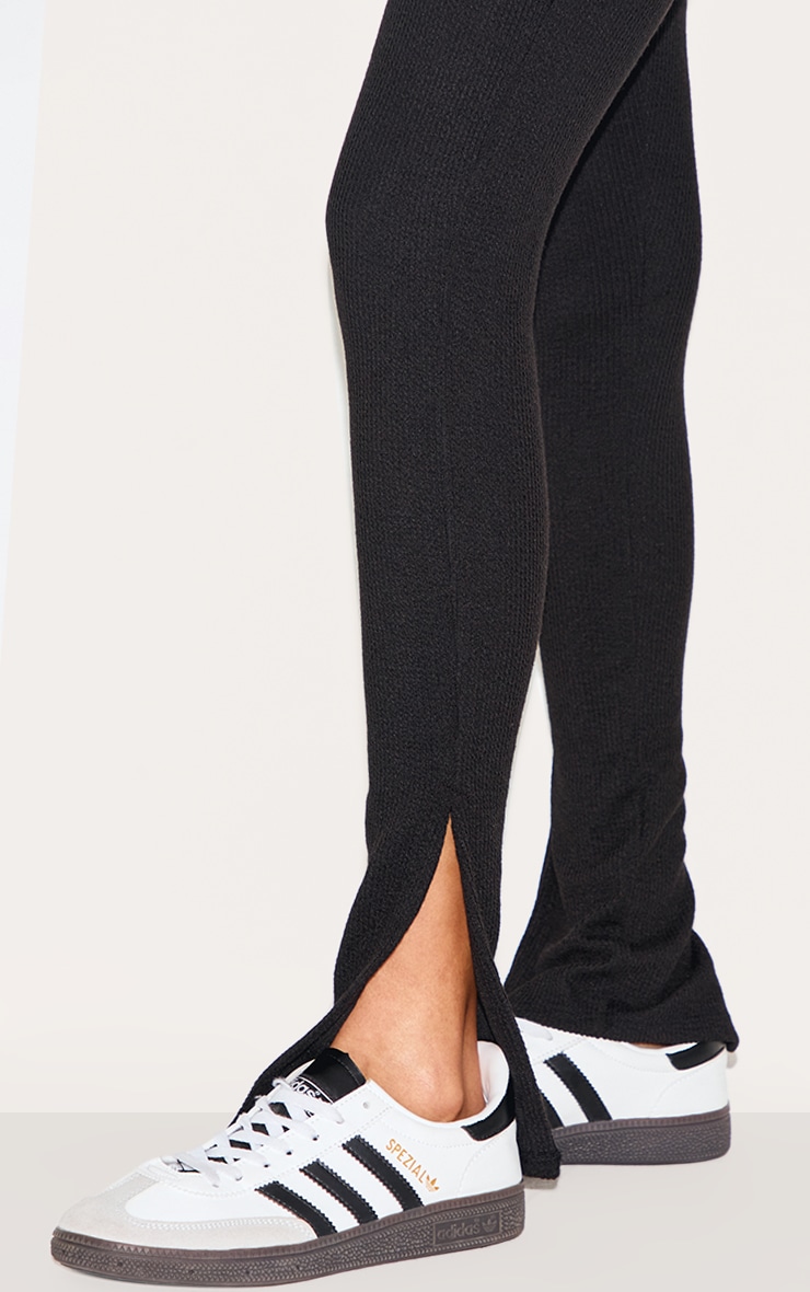 Black Textured Ribbed Split Hem Leggings image 4