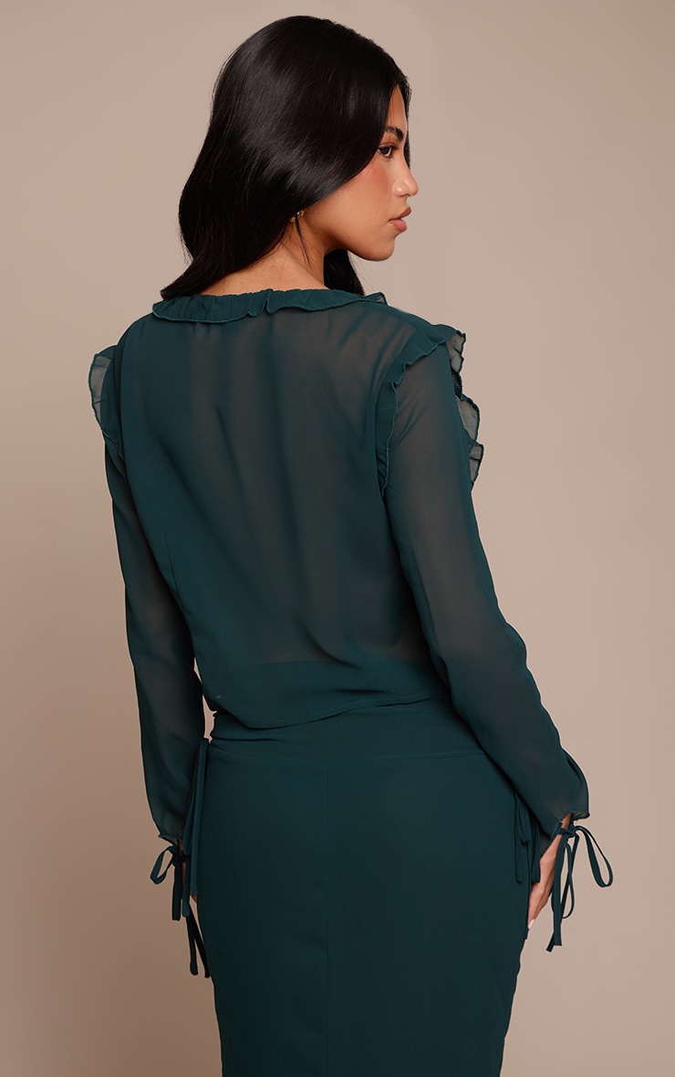 Emerald Green Chiffon Ruffle Tie Front Blouse image 2
