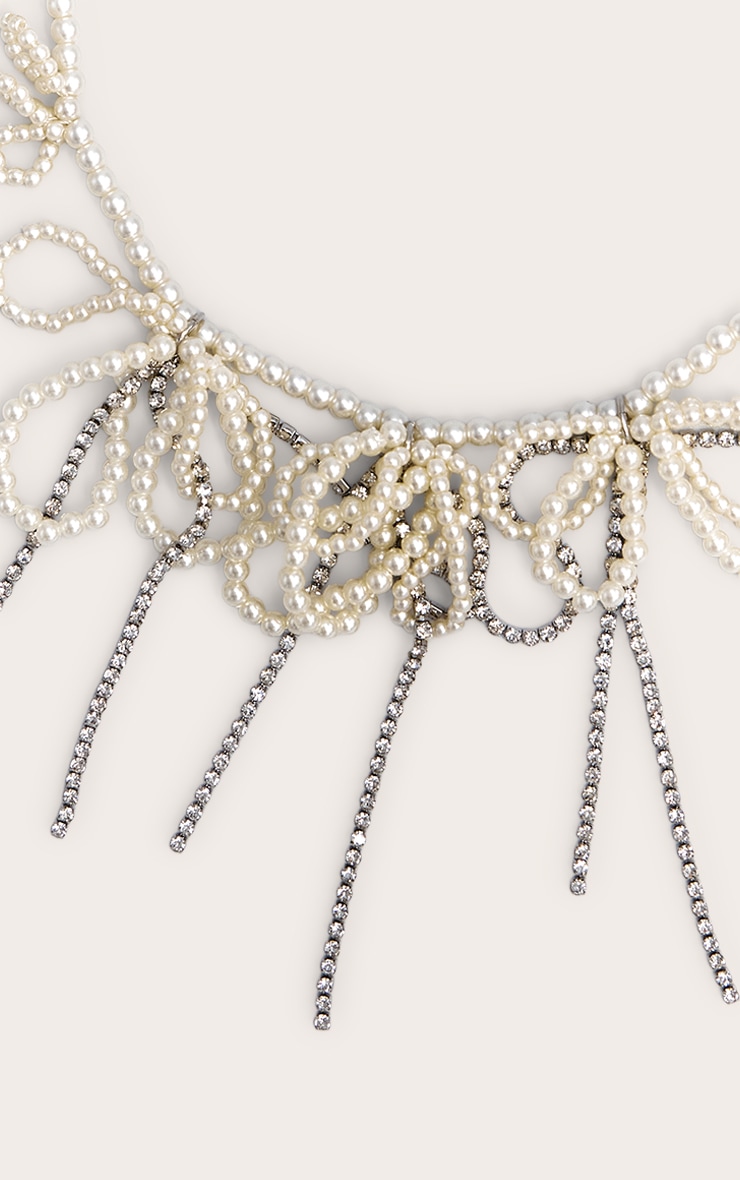 Silver Diamante Pearl Bow Statement Necklace image 3