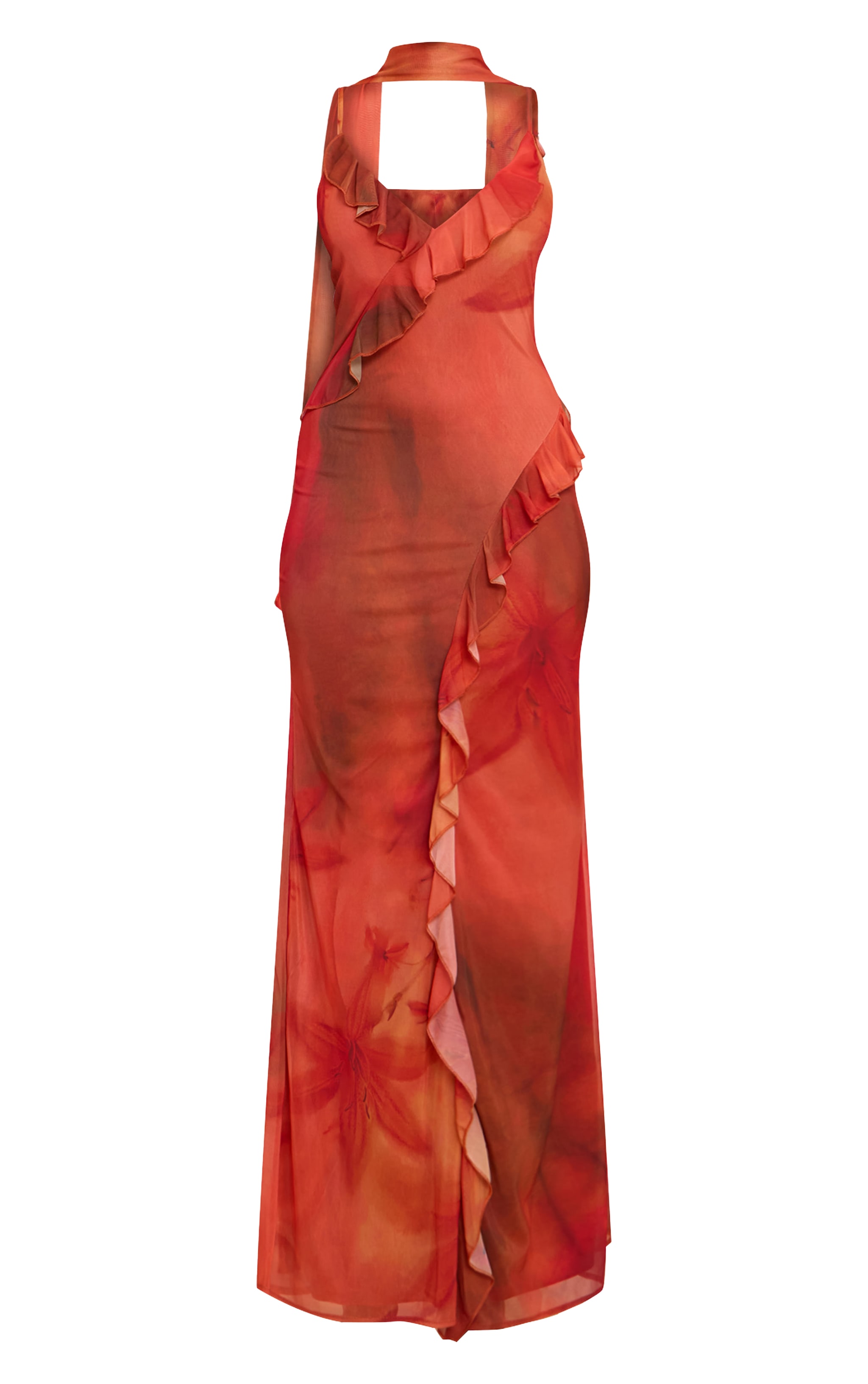Red Printed Chiffon Frill Details Strappy Maxi Dress image 5