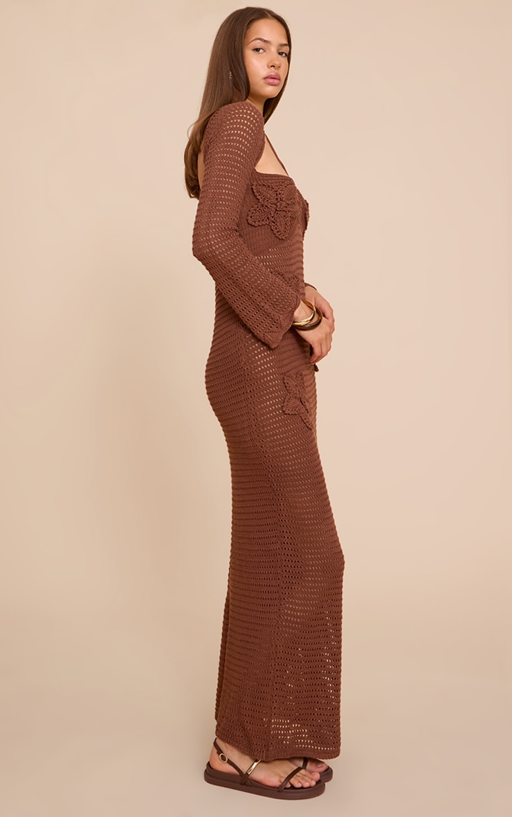 Chocolate Flower Applique Long Sleeve Crochet Maxi Dress image 3