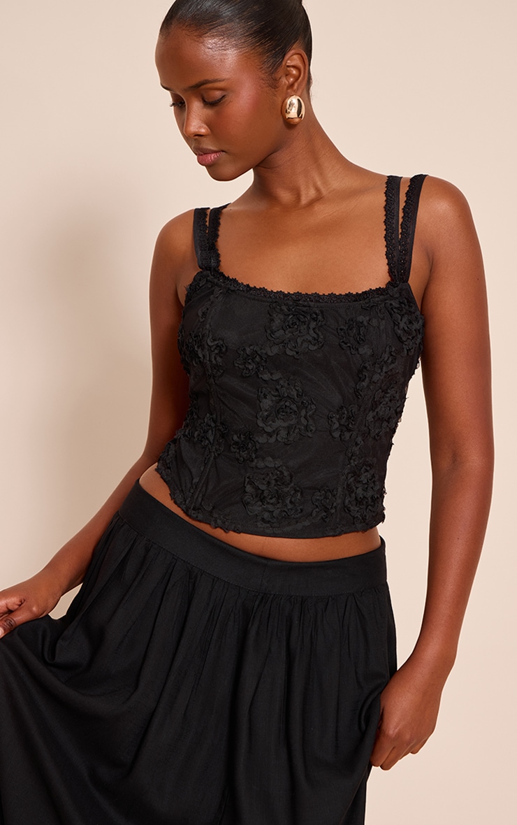 Black Floral Textured Boned Corset image 1
