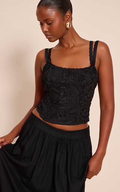 Black Floral Textured Boned Corset