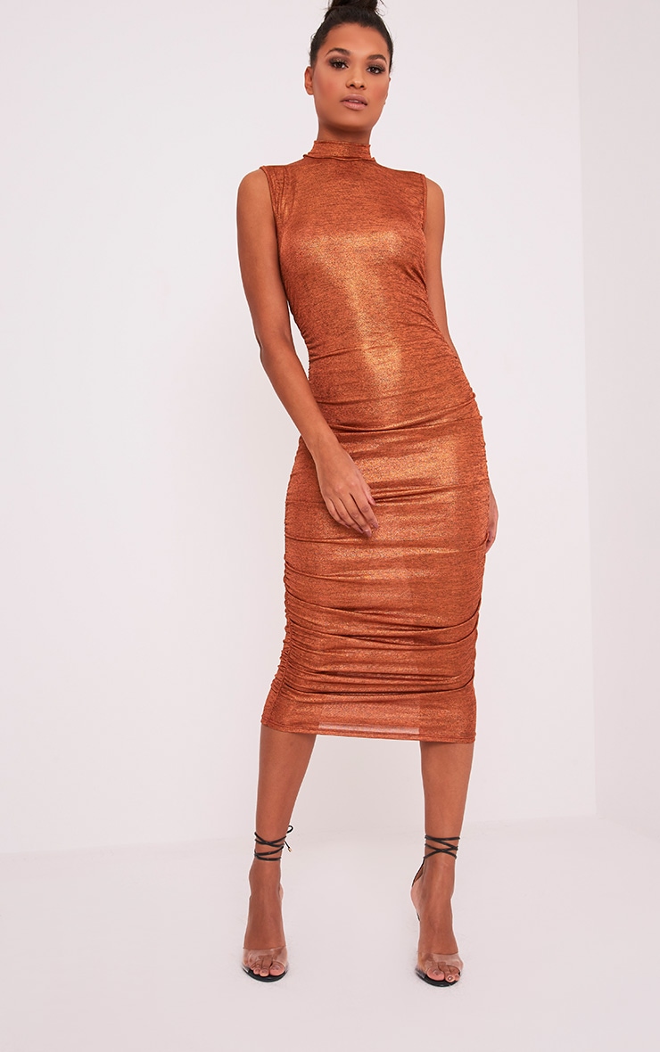 Alexia Copper Metallic High Neck Midi Dress PrettyLittleThing