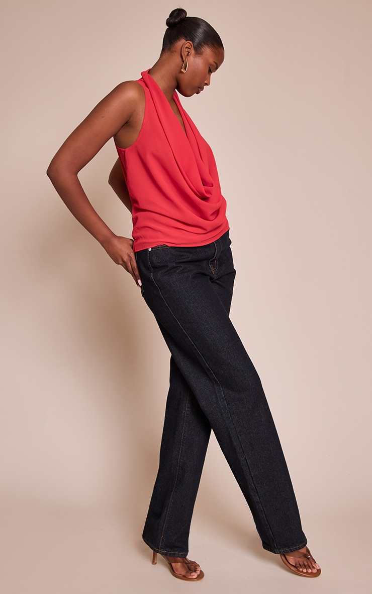 Tomato Red Chiffon Extreme Cowl Neck Detail Long Top image 3