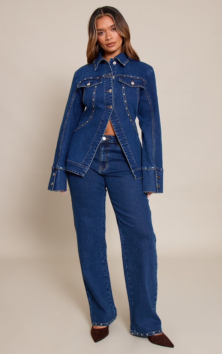 Shape Dark Blue Studded Cinched Waist Denim Jacket image 3