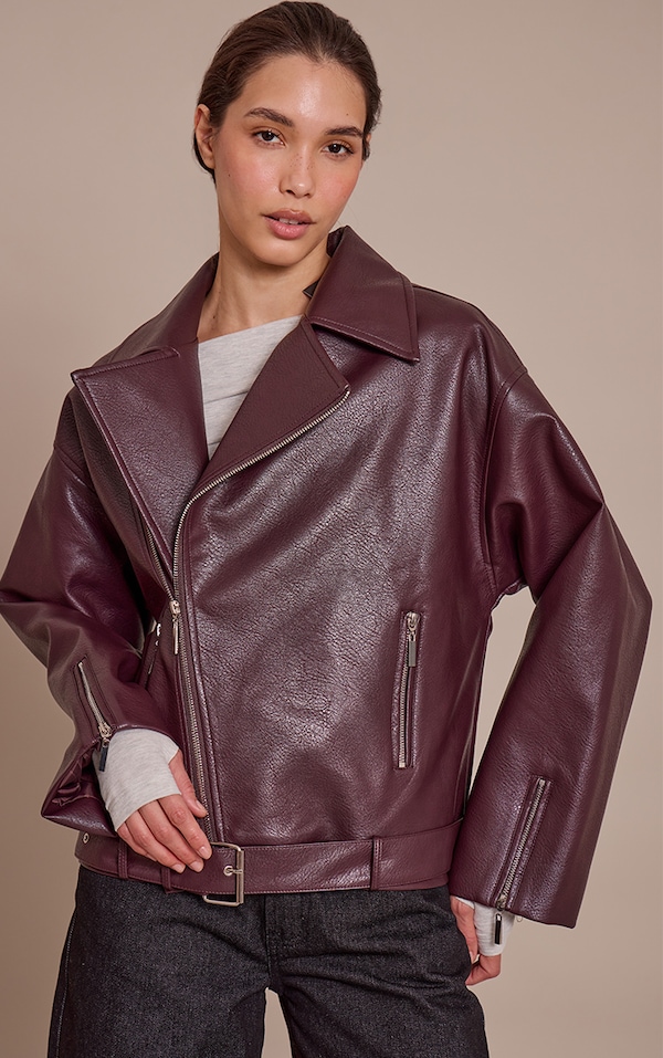 Veste motard oversize en PU bordeaux